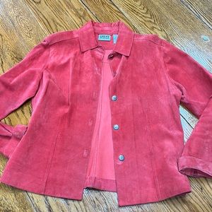 Chico’s red suede leather jacket.  Size 1 (Small).  Fair condition.